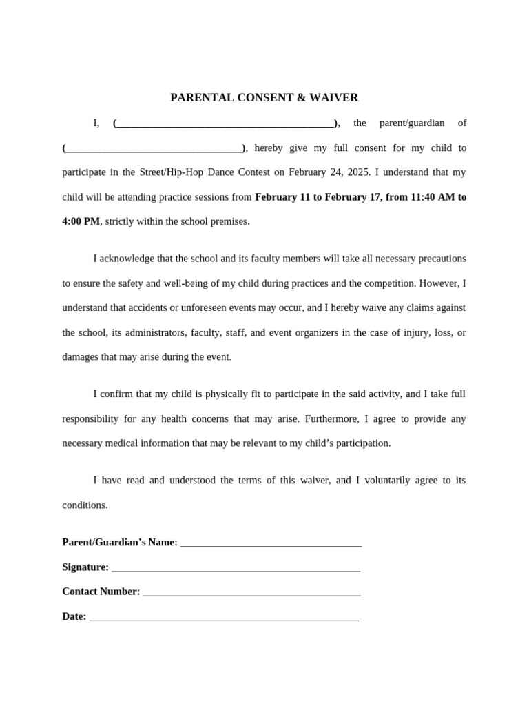 Parental Consent Form for Dance Contest | PDF