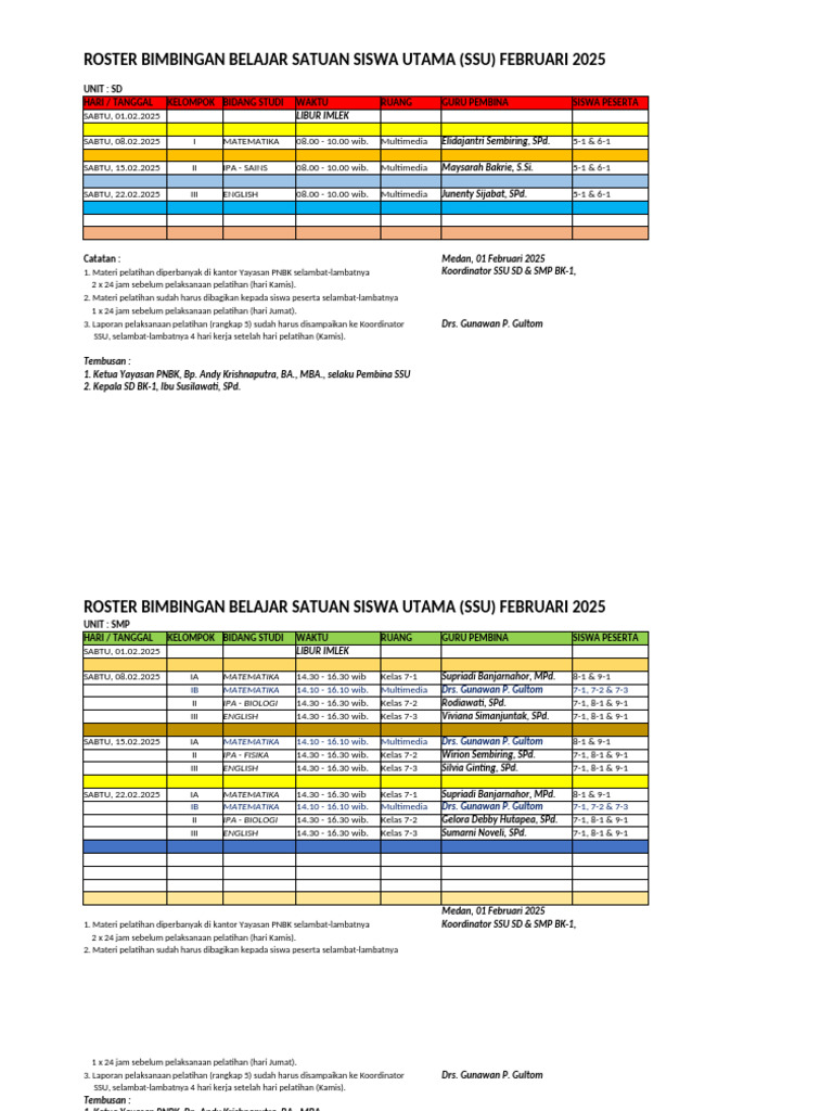 Roster Bimbingan Belajar SSU Februari 2025 | PDF