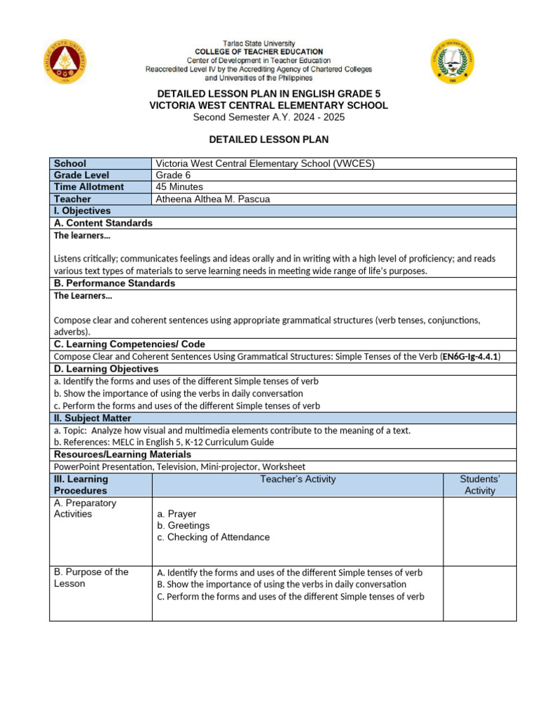 Grade 6 Dlp Simple Tenses Of Verb 083103 Pdf Verb Grammatical Tense