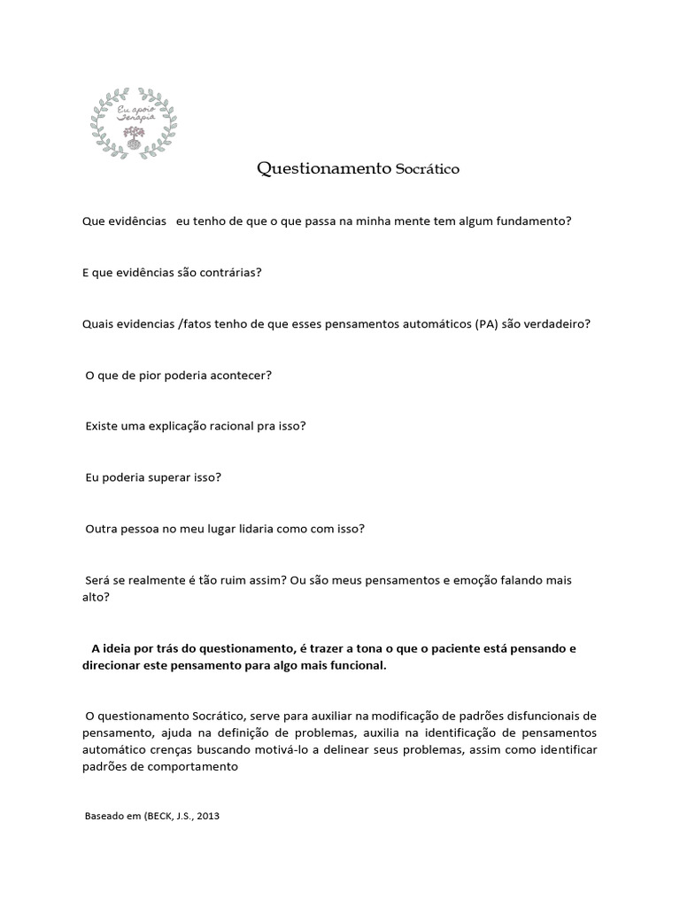 Questionamento Socrático na Terapia Infantil | PDF | Pensamento | Emoções