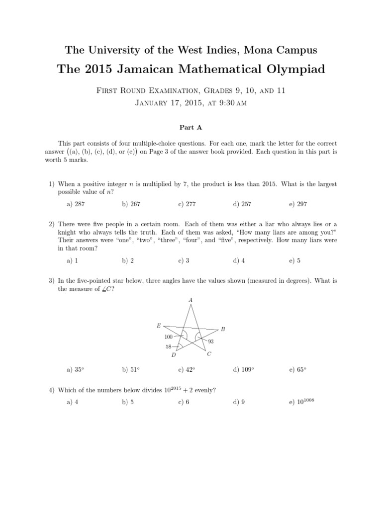 2015 Jamaican Math Olympiad Exam | PDF | Elementary Geometry ...