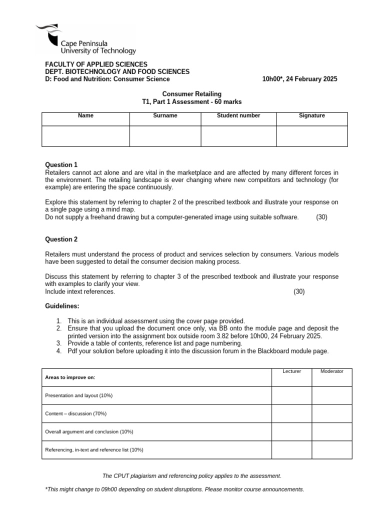 CPUT Consumer Retailing Assessment Guide | PDF