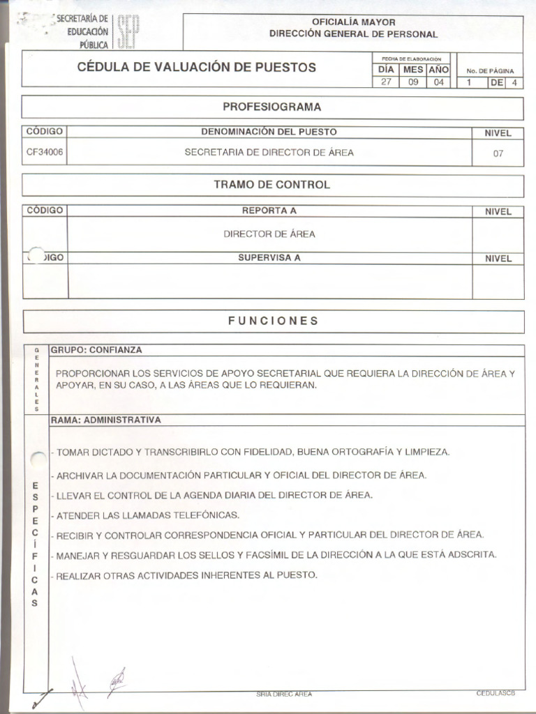Cedula de Valuacion de Puestos Secretaria de Director de Area | PDF