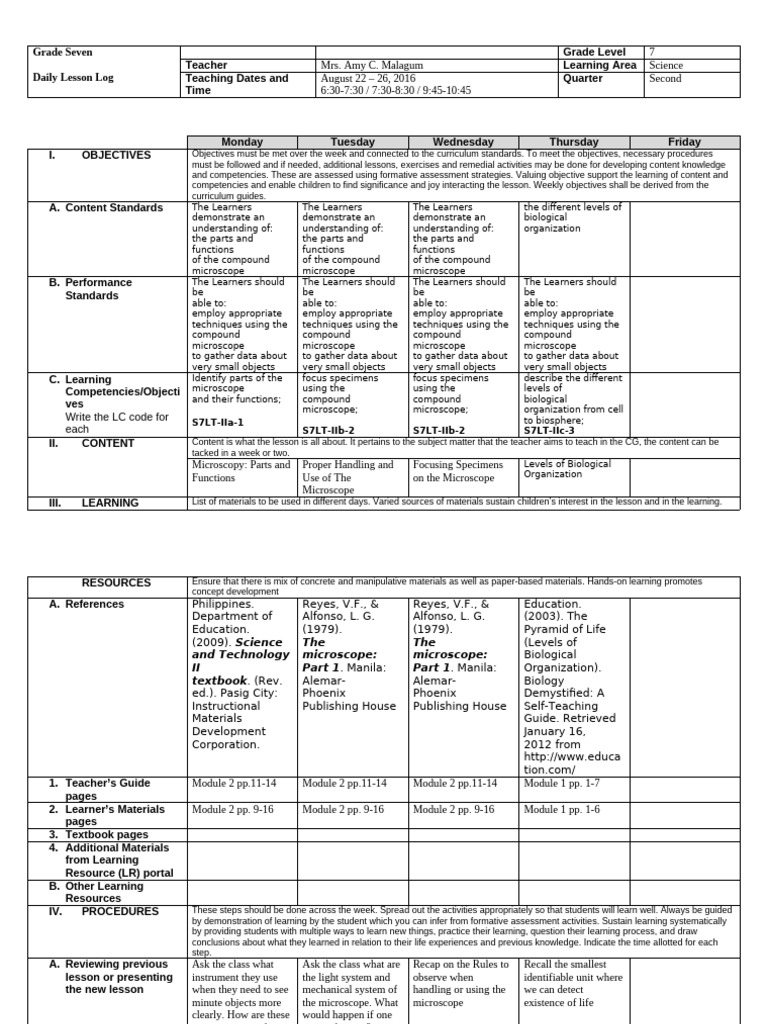 Grade 7 Science Lesson Plan: Microscopy | PDF | Learning | Curriculum