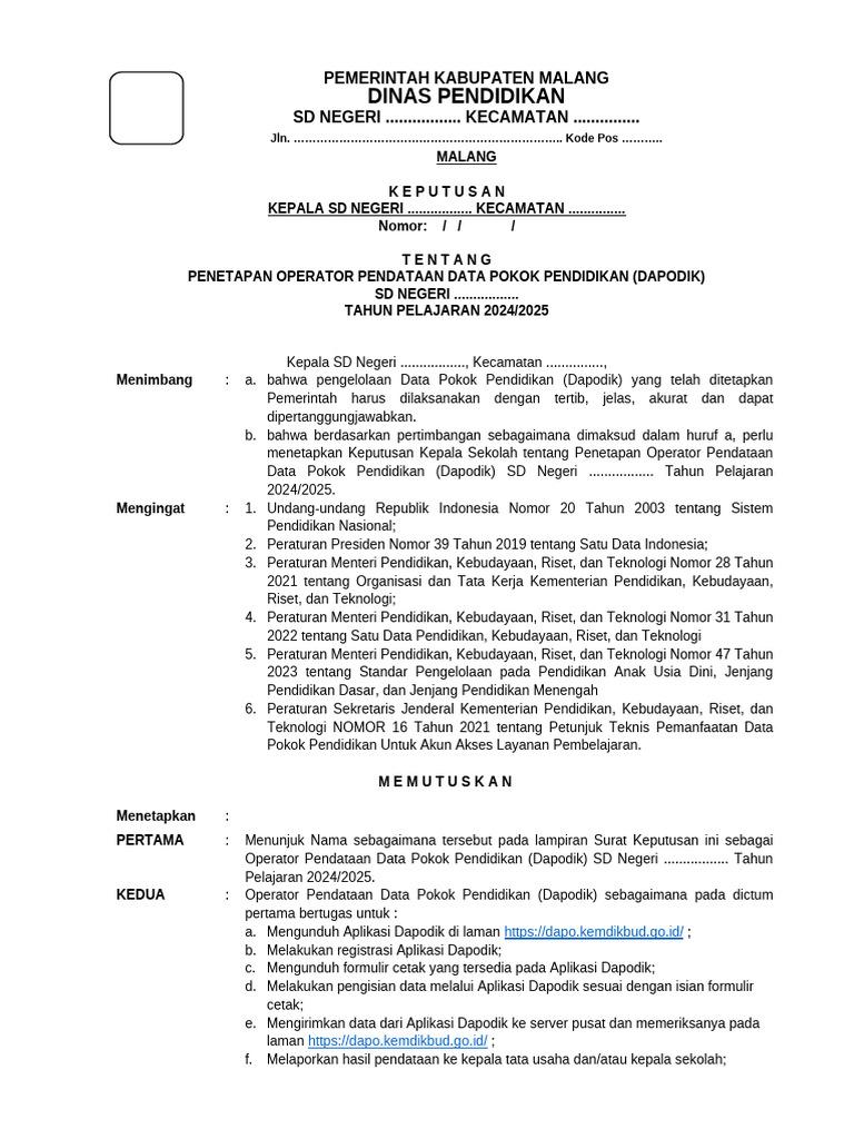 Penetapan Operator Dapodik 2024 2025 Pdf