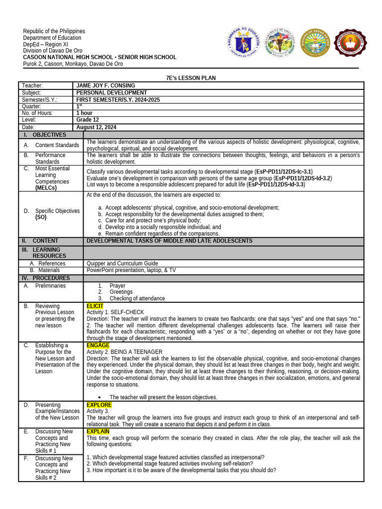 Grade 12 Personal Development Lesson Plan | PDF | Adolescence | Learning
