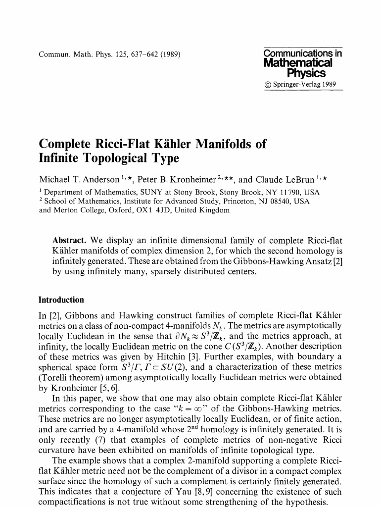 ANDERSON 1989 Complete RicciFlat KahlerManifolds of Infinite