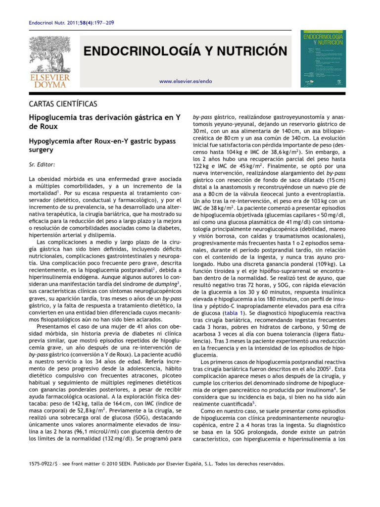 Hipoglucemia Postprandial tras By-Pass Y de Roux | PDF | Obesidad ...