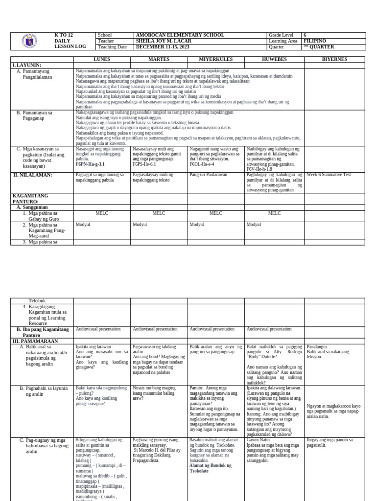 DLL Filipino 6 q2 w6 | PDF