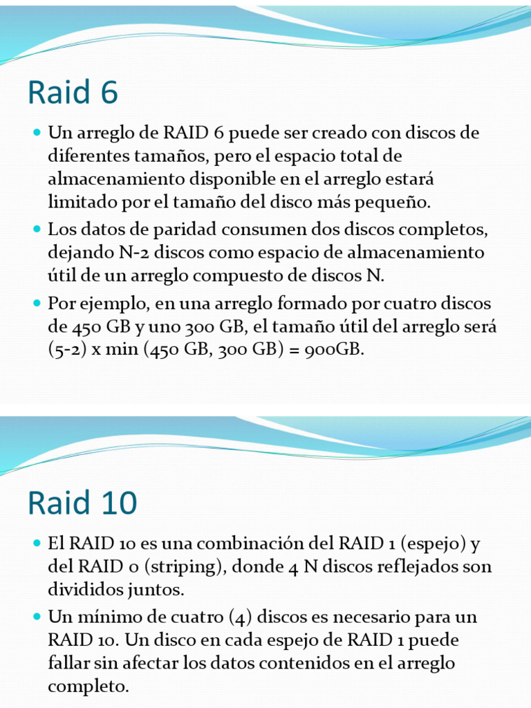 RAID 6 y 10: Espacio y Tolerancia | PDF