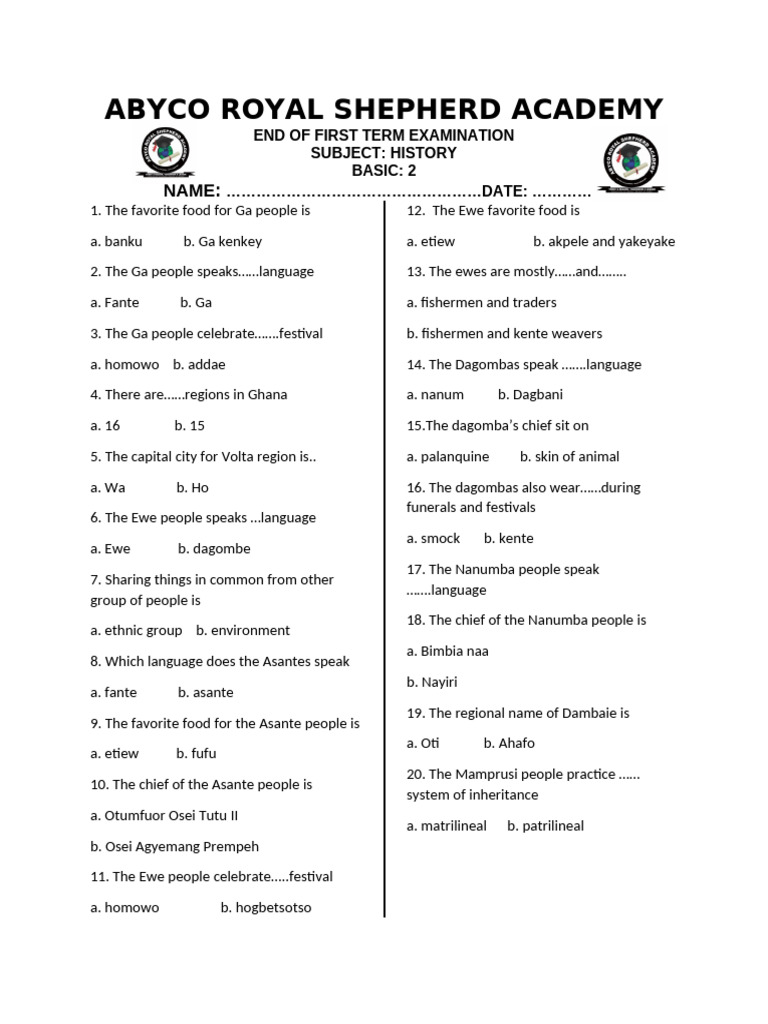 Ghana History Exam Questions for Basic 2 | PDF