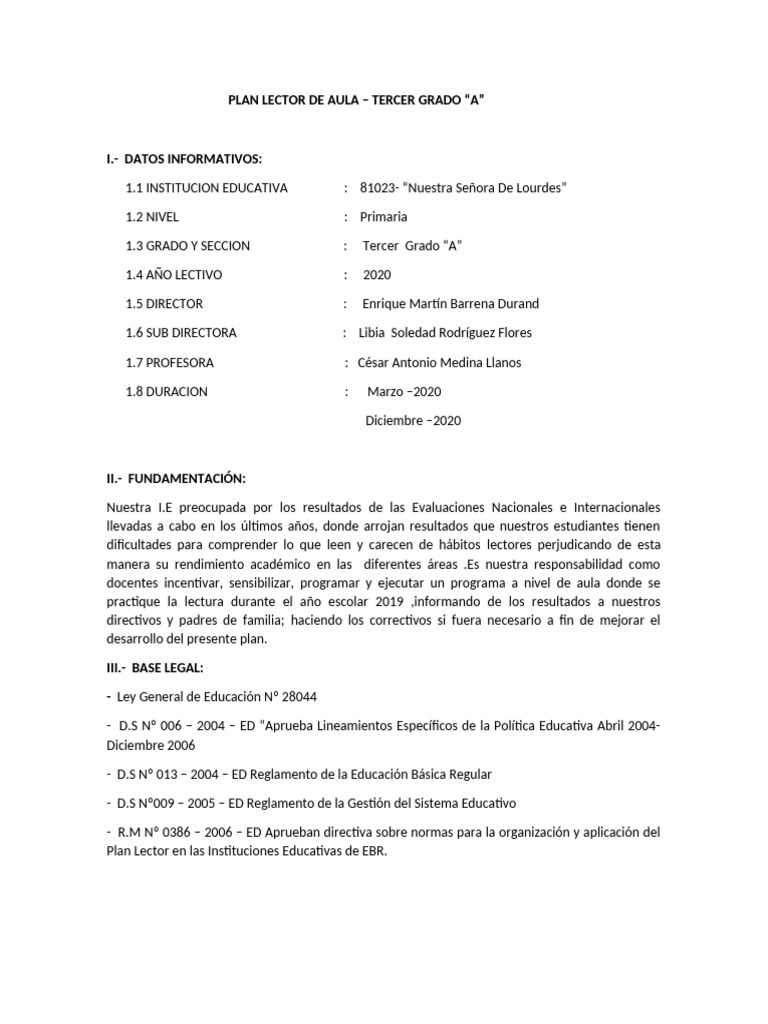 Plan Lector Aula Tercer Grado "A" | PDF | Educación primaria | Maestros