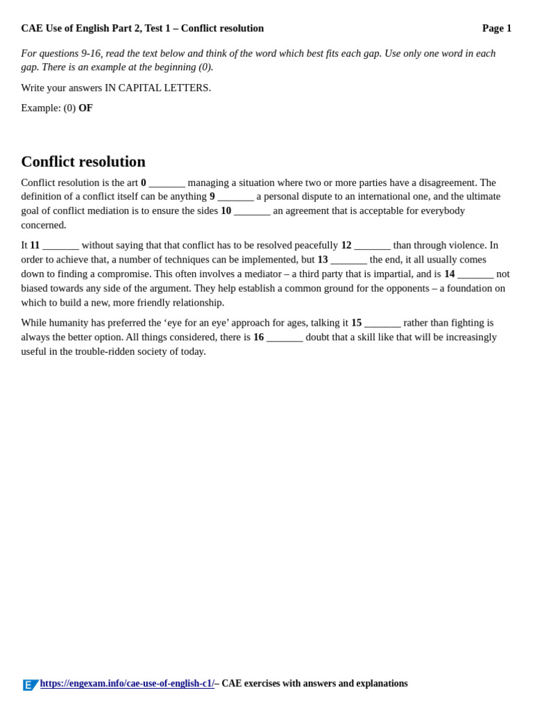CAE Use of English Part 2, Test 1 - Conflict Resolution | PDF ...