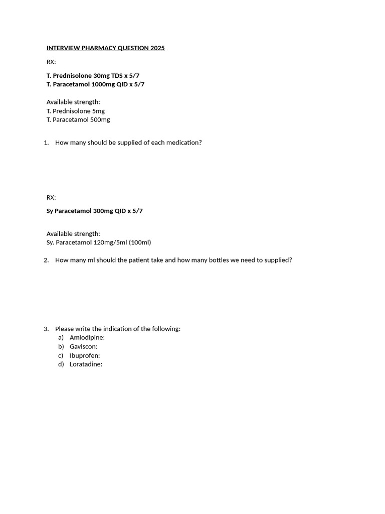Pharmacy Interview Questions 2025 | PDF