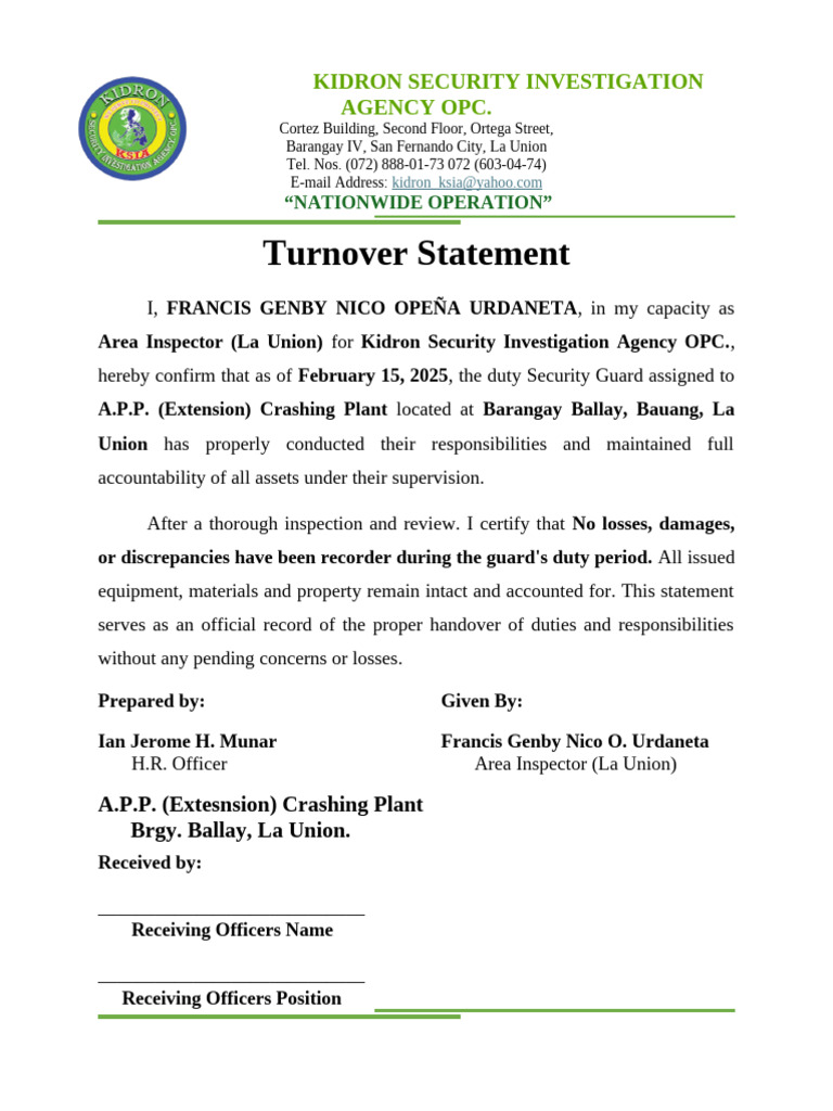 Security Guard Turnover Statement | PDF