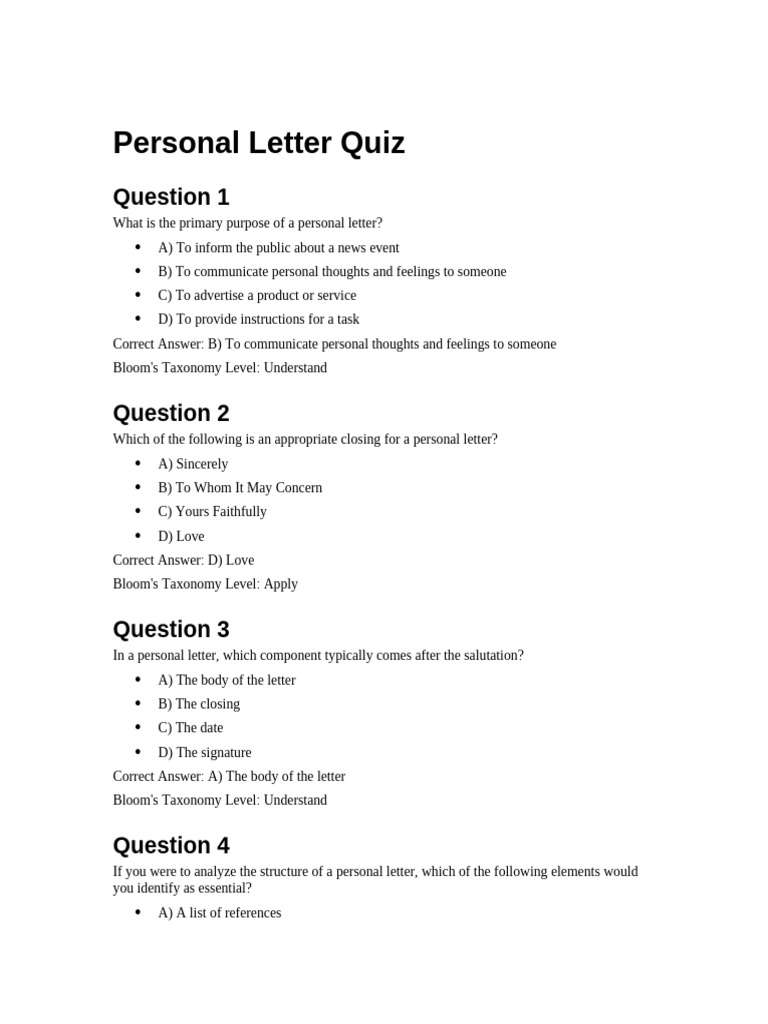 Personal Letter Writing Quiz | PDF | Communication | Human Communication