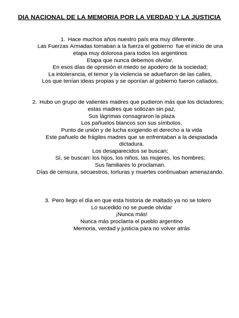DIA NACIONAL DE LA MEMORIA POR LA VERDAD Y LA JUSTICIA - Relato | PDF