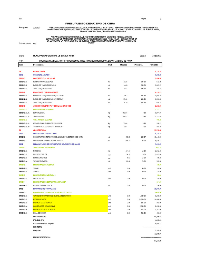 Presupuesto Obra Salud La Pilca | PDF