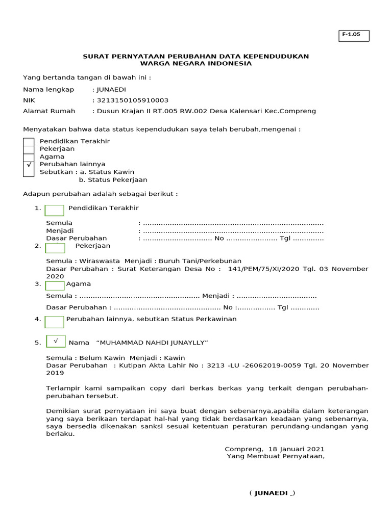Surat Pernyataan Perubahan Data KK | PDF