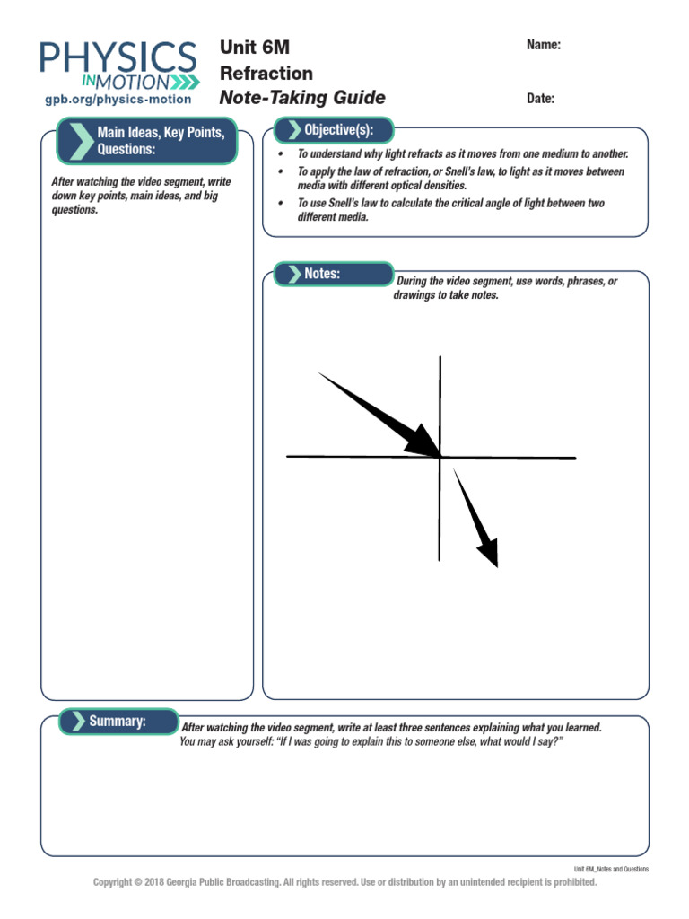 Unit 6M Notetaking Guide and Quest | PDF | Refraction | Light