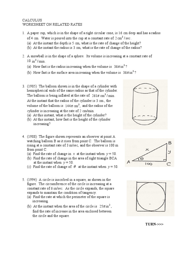 Calc - WS On Related Rates  Volume  Sphere In Constant Rate Of Change Worksheet