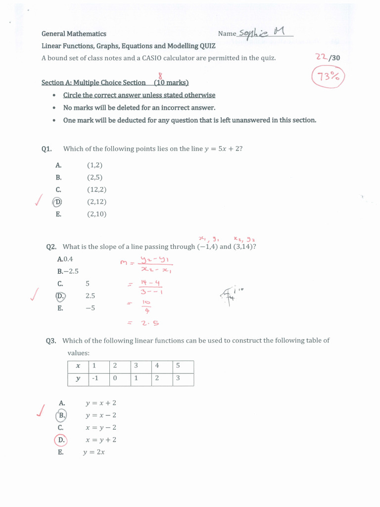 Linear Functions, Graphs, Equations & Modelling Quiz (Sophie Mordue) | PDF