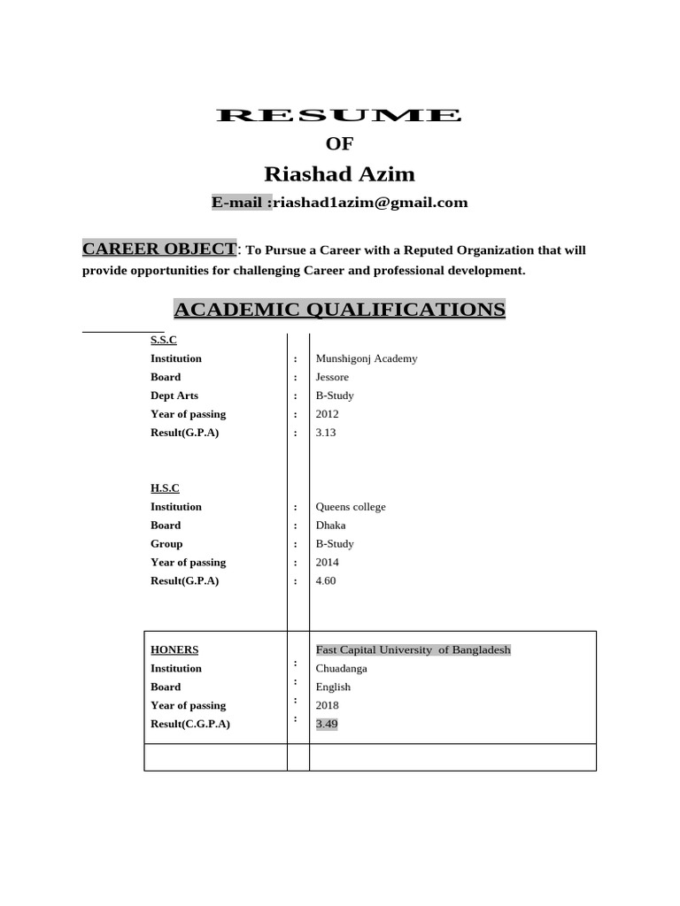 Resume of Riashad Azim - Career Goals | PDF | Bangladesh