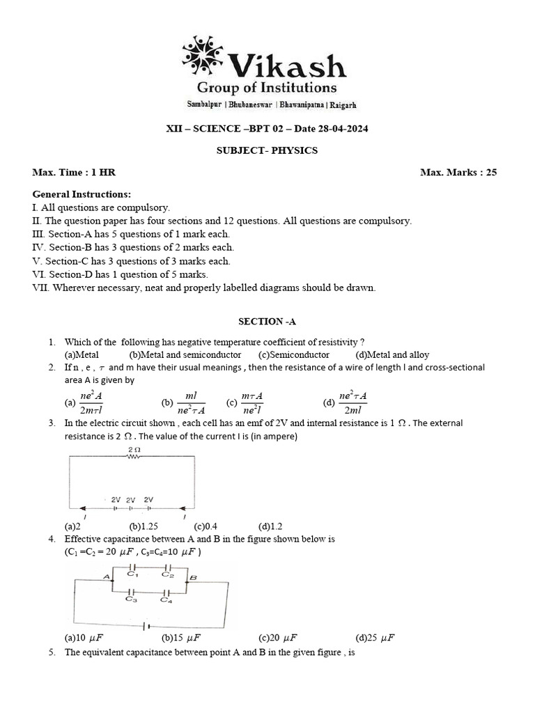 Physics Exam Paper - BPT 02, 2024 | PDF | Capacitor | Voltage