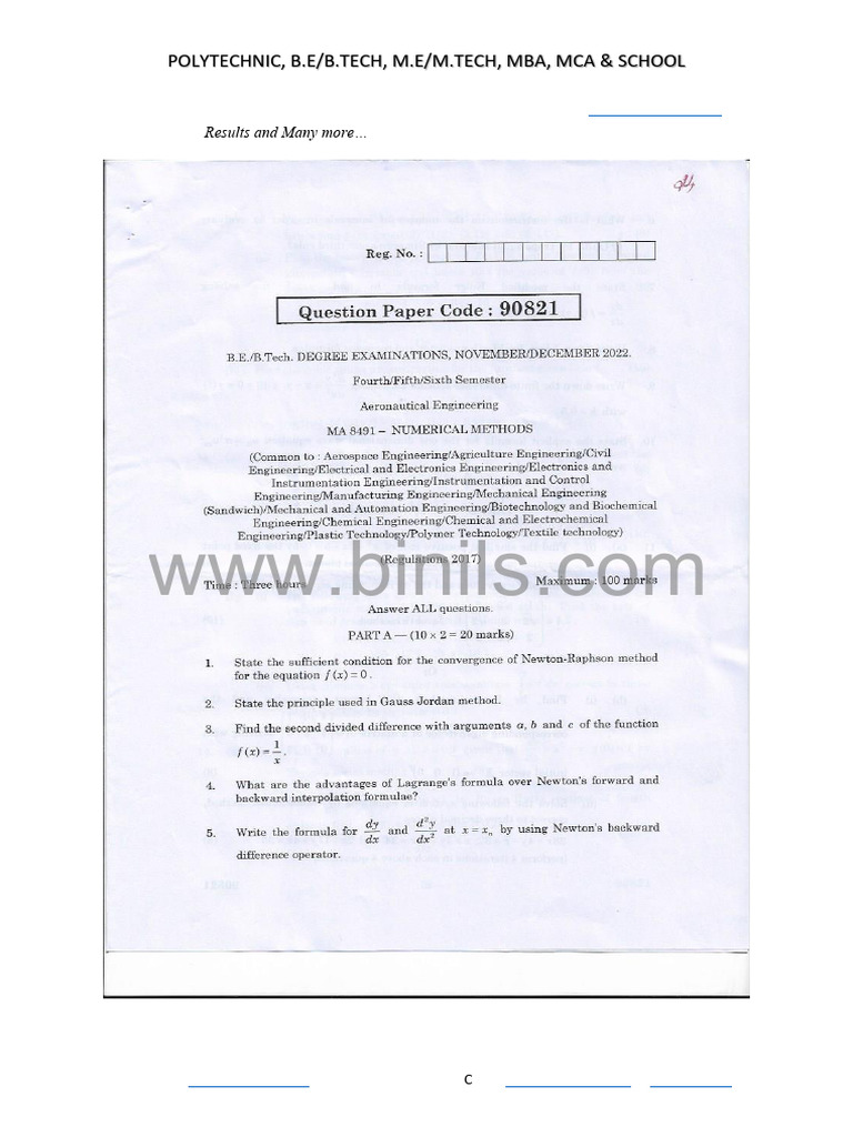 MA8491 Numerical Methods Paper | PDF