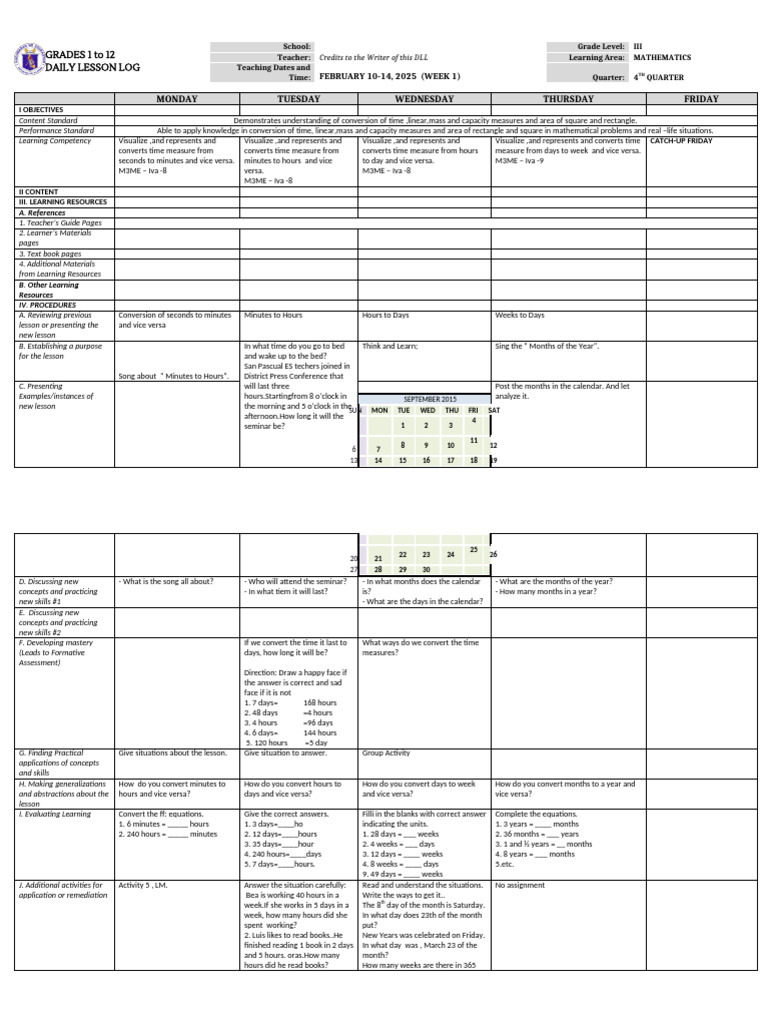 DLL Mathematics-3 Q4 W1 | PDF | Learning | Teachers