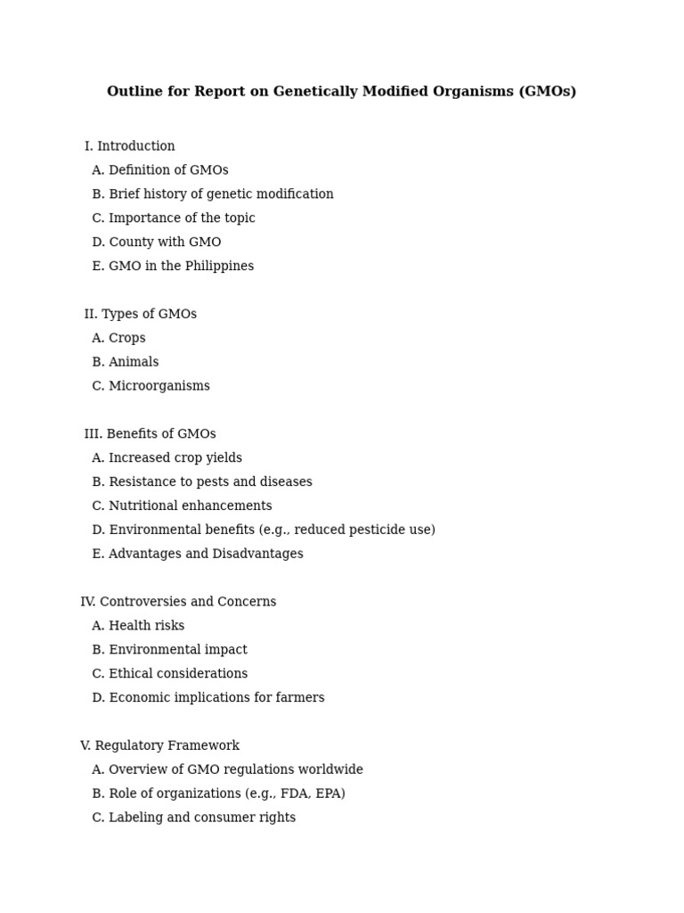 Outline For Report On Genetically Modified Organisms (Gmos) | PDF