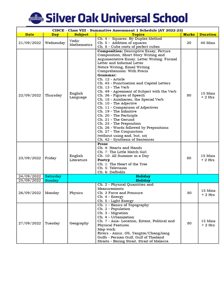 Class VIII Summative Assessment Schedule | PDF | Verb | English Language