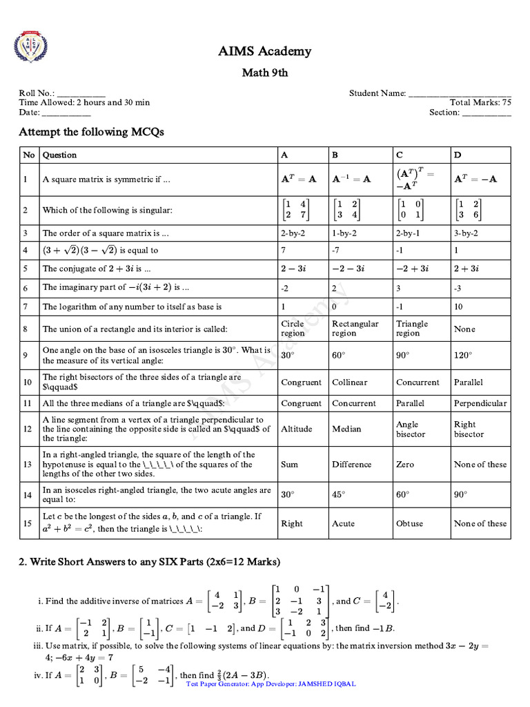 9th Grade Math Mcq Test Paper Pdf Triangle Euclid