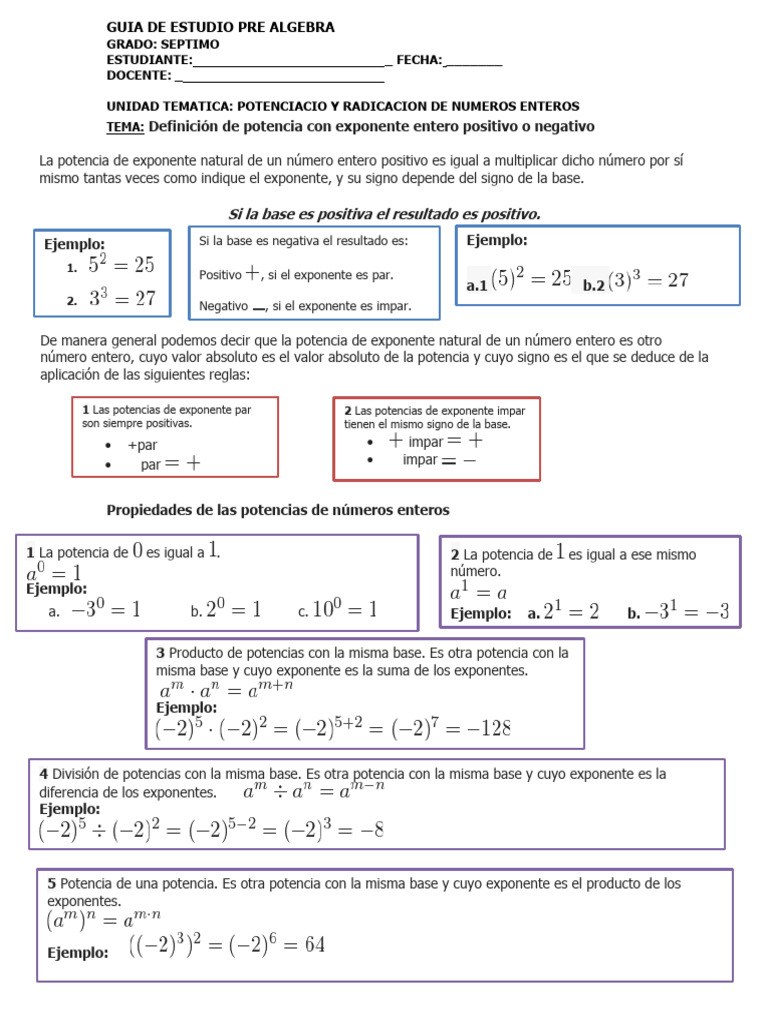 Guia De Estudio Potencias Septimo Pdf Exponenciación Multiplicación