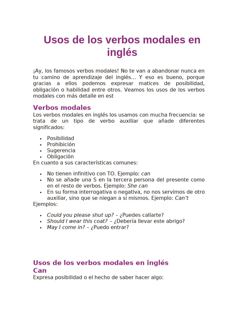 Usos de Los Verbos Modales en Inglés | PDF