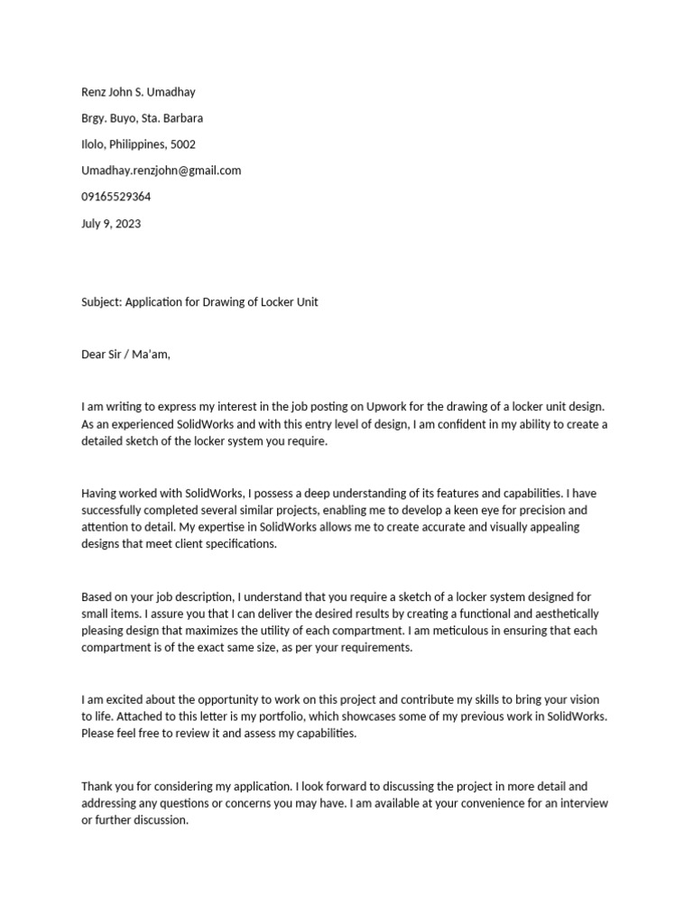 Cover Letter - Application For Drawing of Locker Unit | PDF