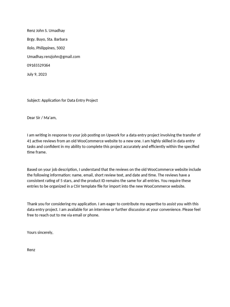 Cover Letter - Application For Data Entry Project | PDF