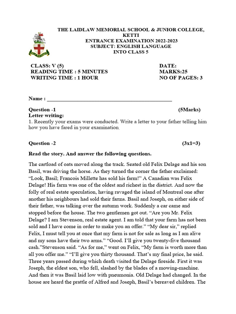 Laidlaw School Class 5 English Exam 2022 | PDF | Grammar | Linguistics