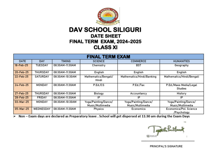 Class 11 Final Exam Schedule 2025 | PDF