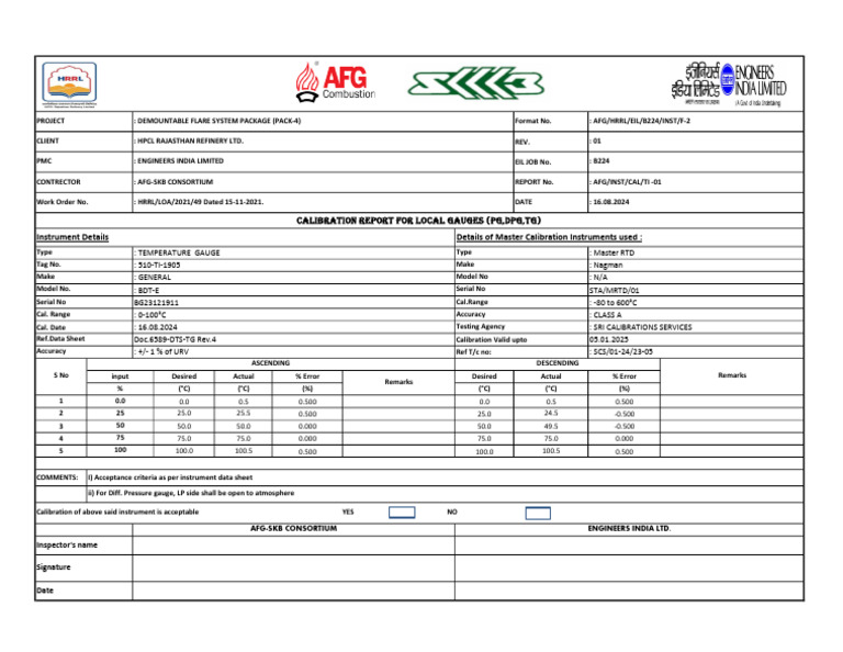 Calibration Report for Temperature Gauges | PDF | Calibration ...