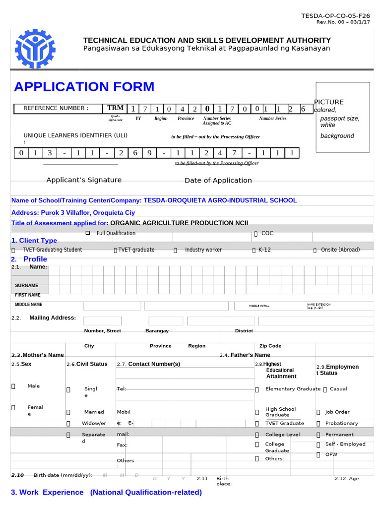 TESDA Organic Agriculture Application Form | PDF