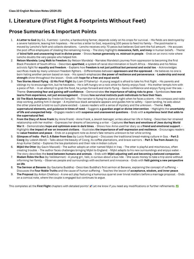 Class 10 English Revision Notes (2024-25) | PDF | Anne Frank