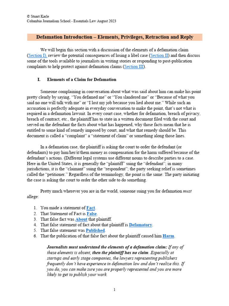 Defamation Law: Key Elements & Protections | PDF | Defamation | Lawsuit