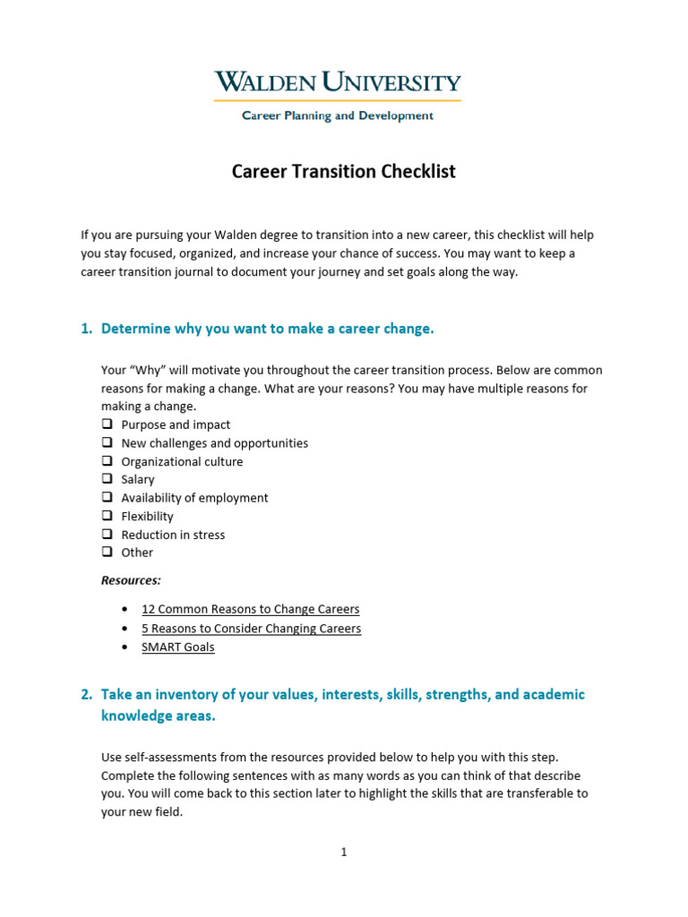 Career Transition Checklist Final Pdf Résumé Mentorship