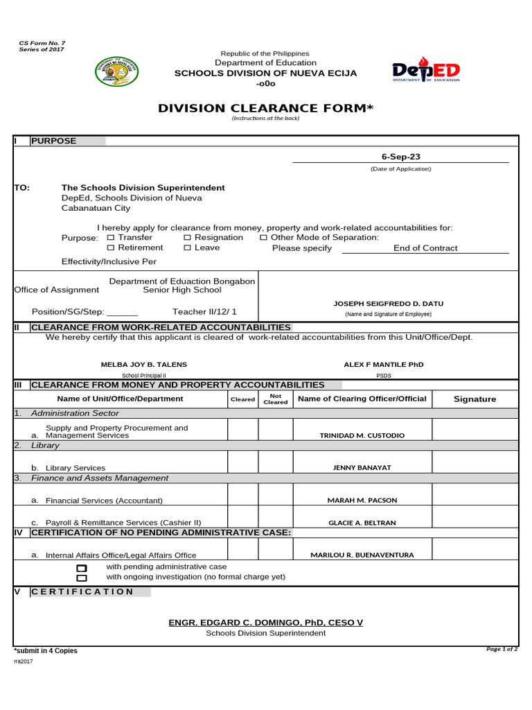 Cs Form No. 7 Clearance Form Download