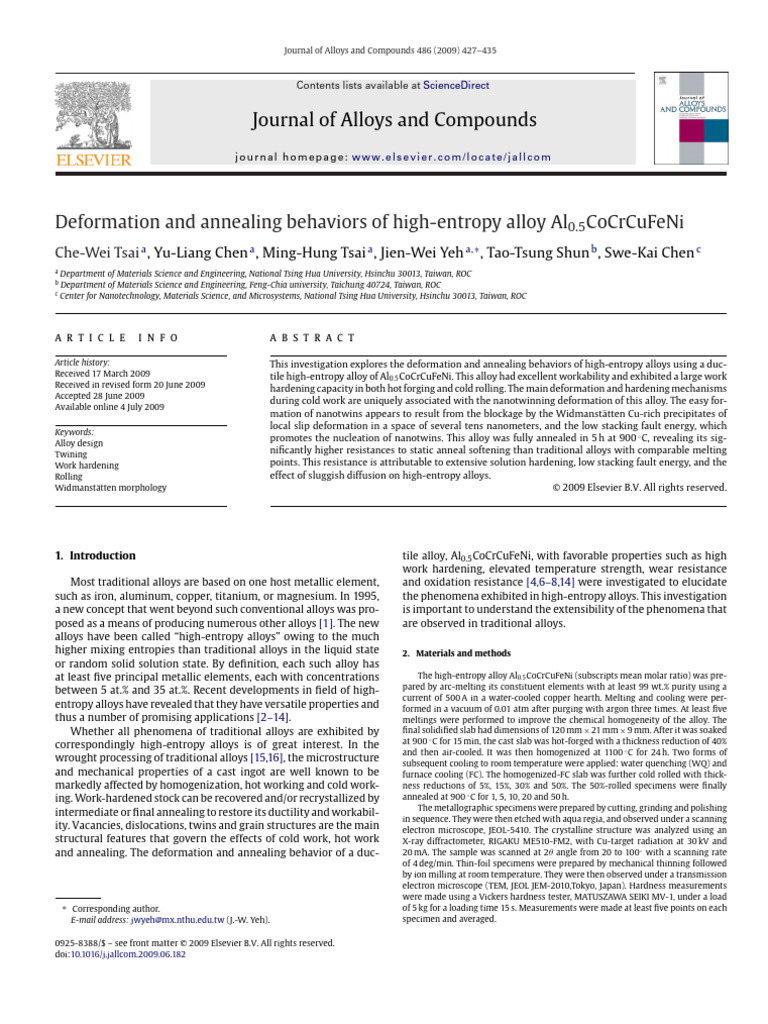 Deformation and Annealing Behaviors of High Entropy Alloy Al0 ...