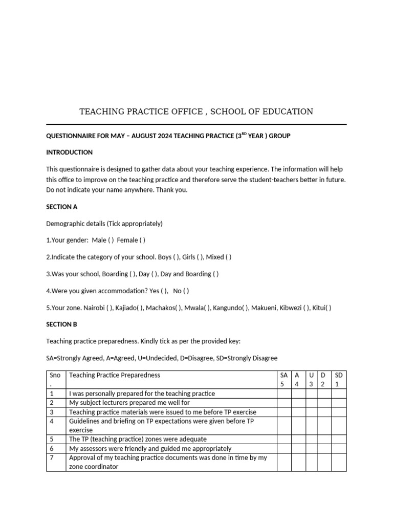 3rd Year TP Questionnair 2024 - 033515 | PDF | Teachers | Learning