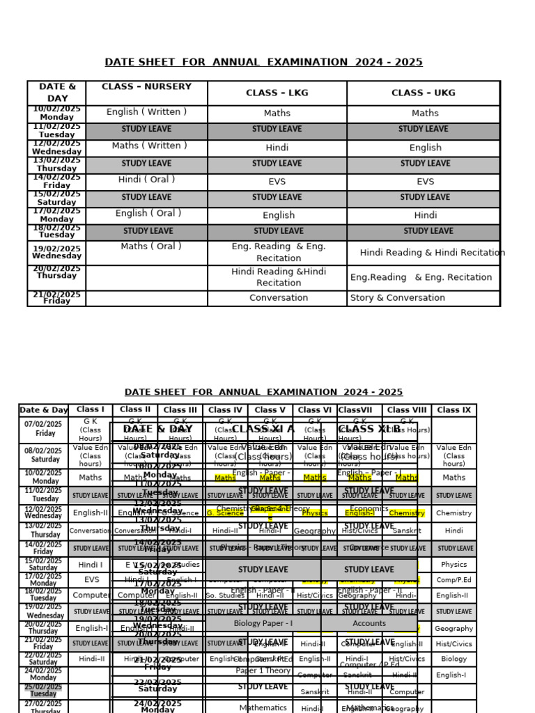 Annual Exam Date Sheet 2024-2025 | PDF