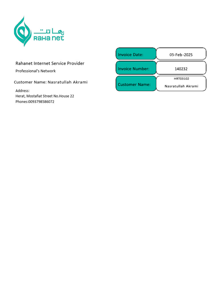 Internet Invoice: Rahanet Internet Service Provider | PDF
