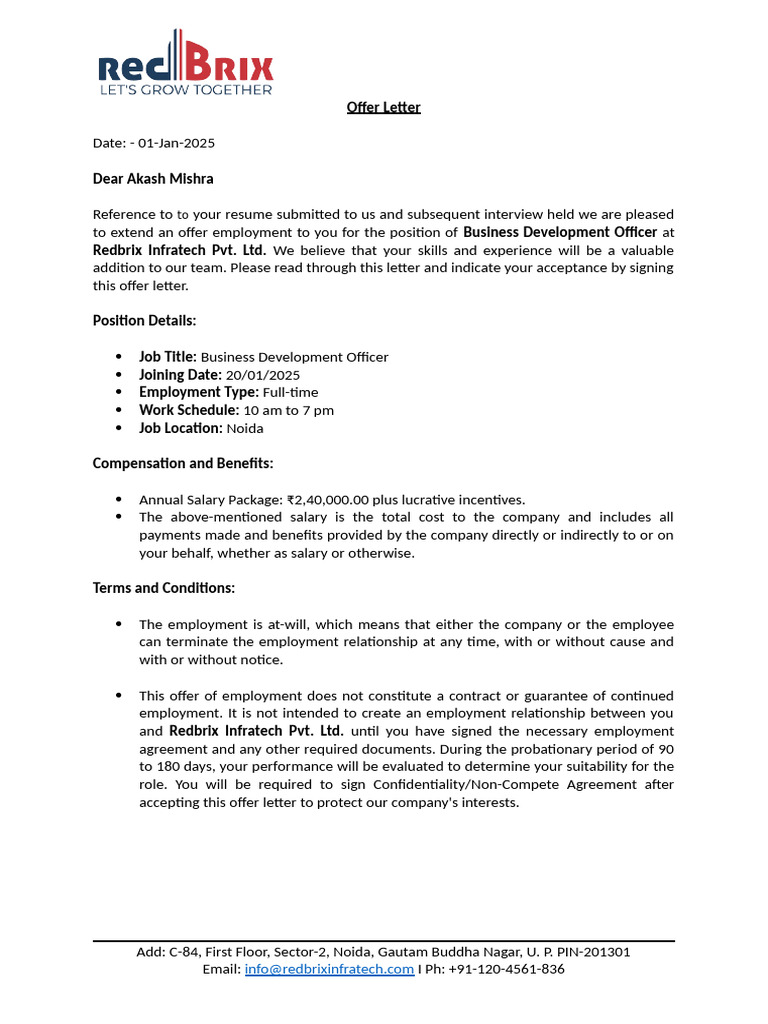 Offer Letter for Business Development Officer | PDF | Employment | Salary